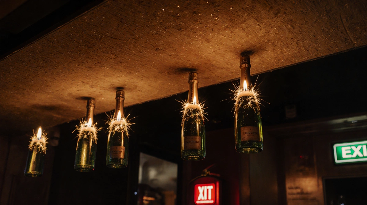 Bar ceiling lit by candle flames with Champagne bottles and nearby fire extinguishers showing escape routes