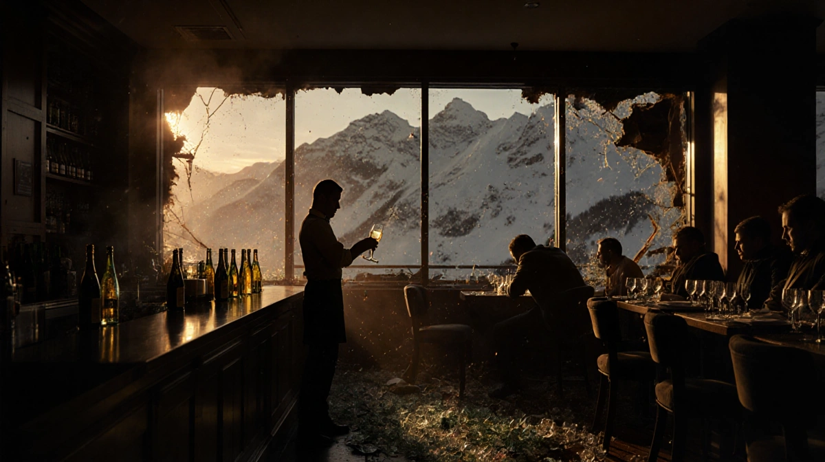 Bartender standing amid shattered champagne bottles with snowy mountains and fire remnants in background