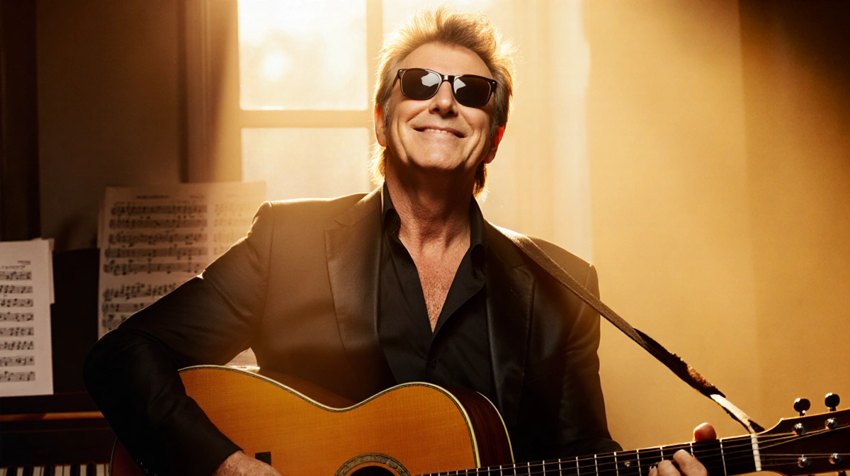 Barry Manilow holding guitar without sunglasses with golden light and blurred piano keyboard in background