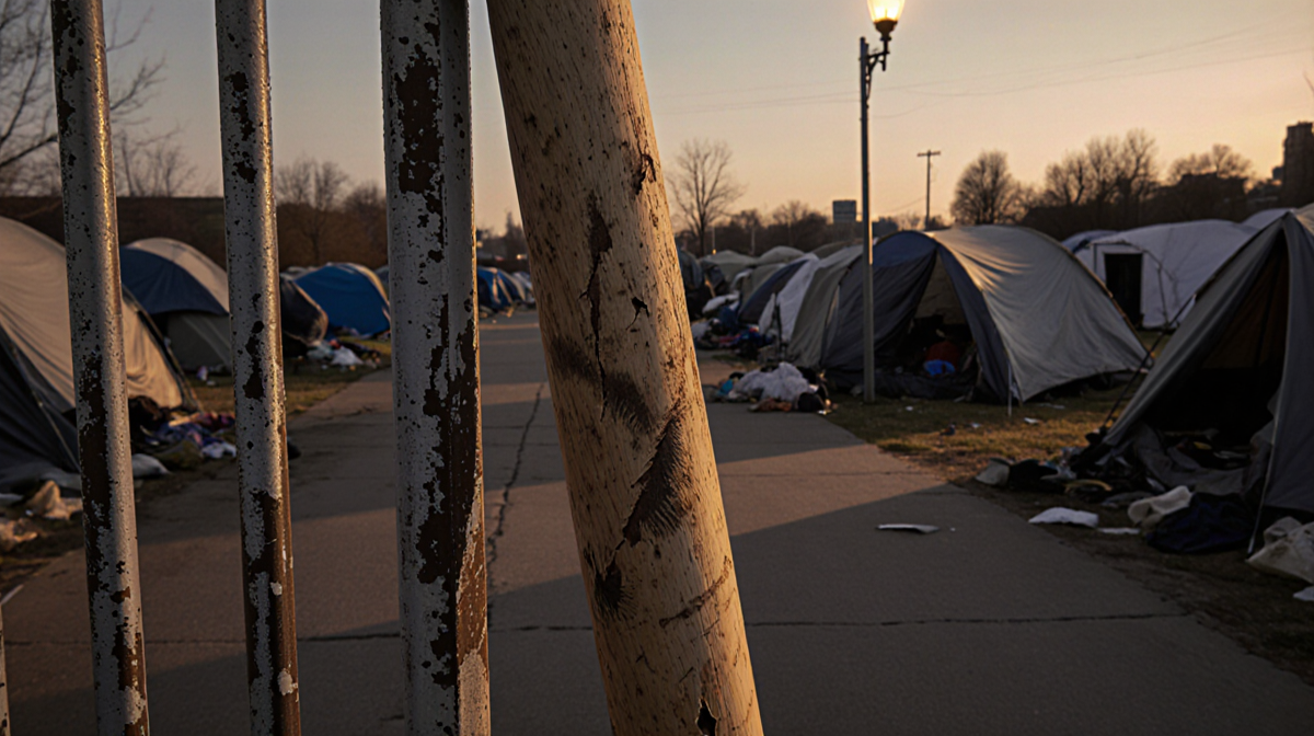 Worn baseball bat leaning against metal fence at dusk with golden light and flickering streetlight over a homeless encampment