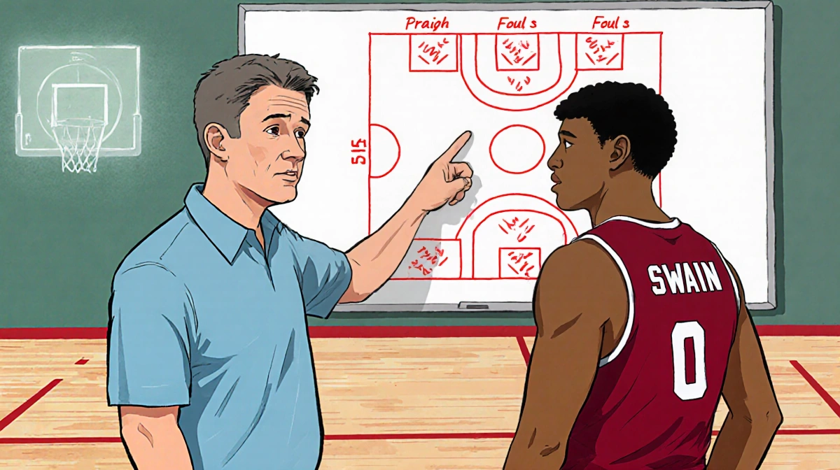 Coach Sean Miller pointing to defensive diagram on whiteboard with player Swain standing beside him.