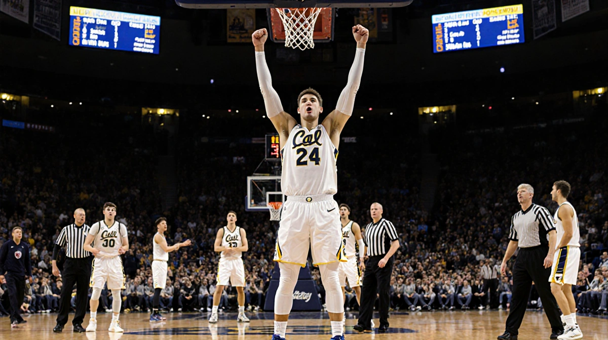 Logan Imes raises arms in protest with Cal players and officials nearby and scoreboard showing corrected call.