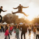 Cirque Italia performers mid-air with warm sunset lighting and joyful crowd skating around ice rink in vibrant atmosphere