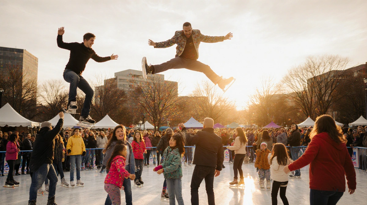 Cirque Italia performers mid-air with warm sunset lighting and joyful crowd skating around ice rink in vibrant atmosphere