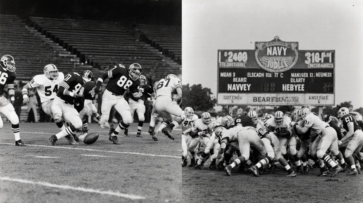 Bearcats stumble on left field with Navy dominating on right and empty seats in background.