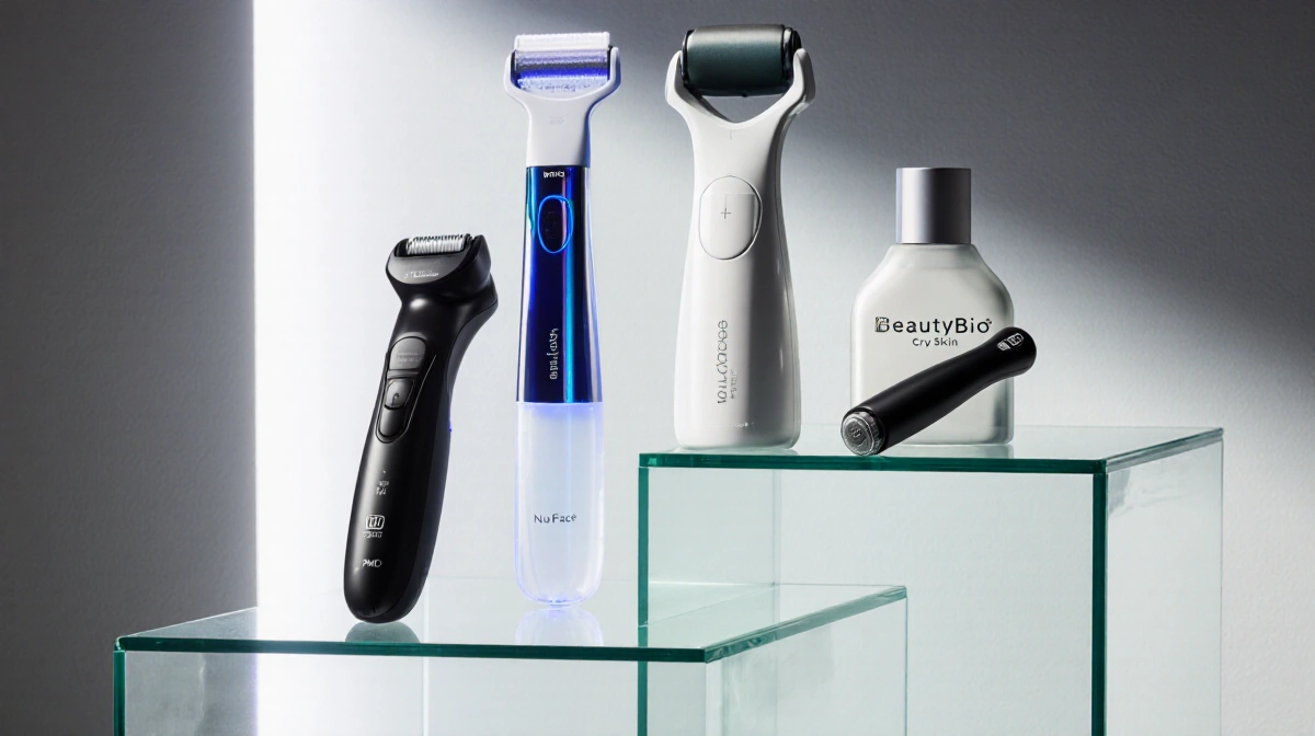 Beauty gadgets arranged on glass shelves with subtle lighting highlighting each sleek design