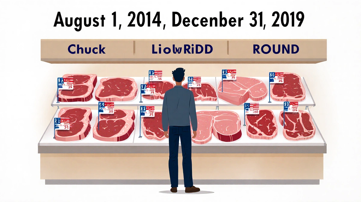 Person standing before grocery shelf with beef cuts and state flags and dates August 1 2014 and December 31 2019 above.