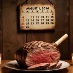 Beef roast resting on rustic dining table with candlelight and a vintage calendar above.