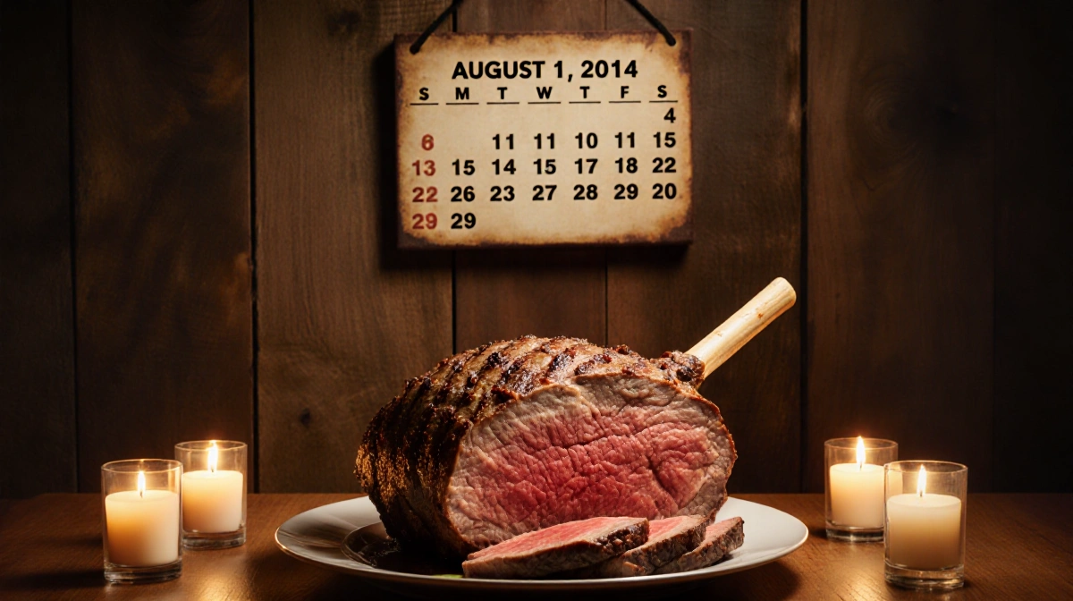 Beef roast resting on rustic dining table with candlelight and a vintage calendar above.