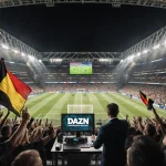 DAZN broadcast team operating equipment with fans holding signs and LED lights illuminating packed stadium