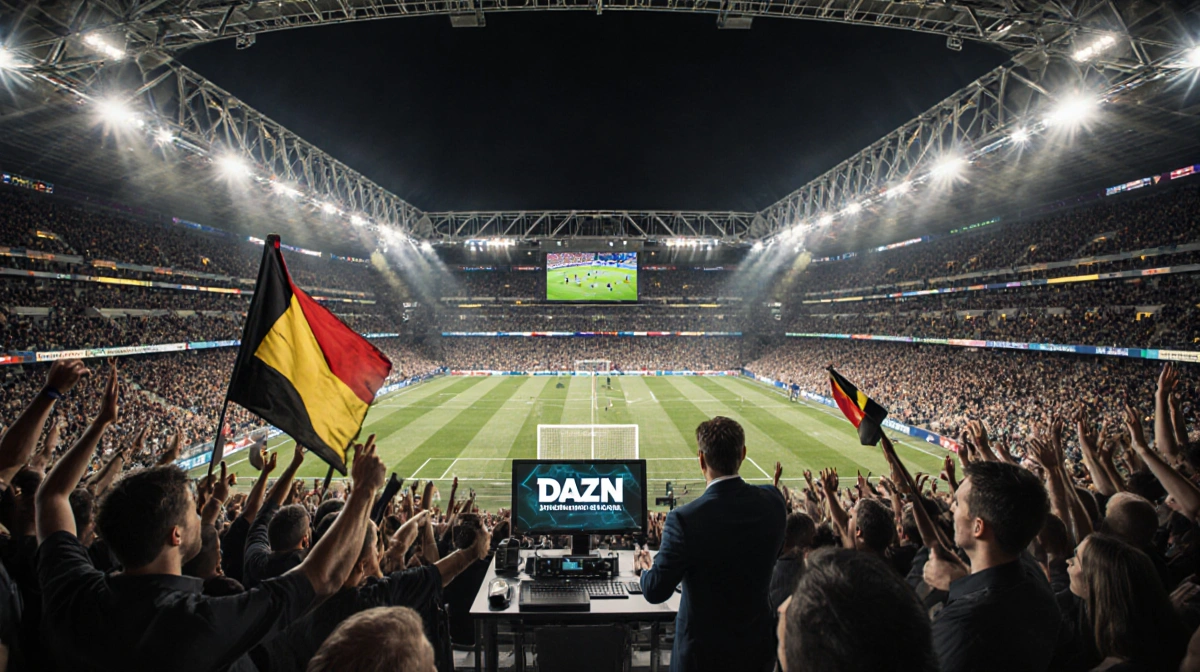DAZN broadcast team operating equipment with fans holding signs and LED lights illuminating packed stadium