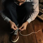 Ian Fieggen kneeling tying shoelaces with Berlutti knot near warm lamp and retro computer