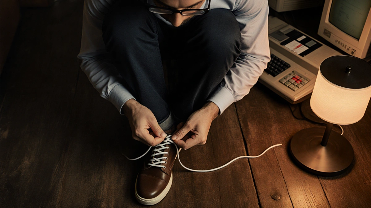 Ian Fieggen kneeling tying shoelaces with Berlutti knot near warm lamp and retro computer