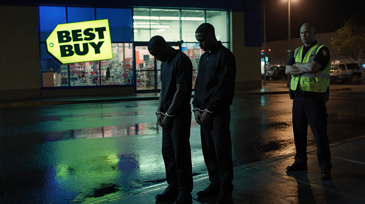 Suspects stand on wet sidewalk with handcuffs in front of neon‑lit Best Buy storefront and security guard behind them.