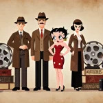 Betty Boop and Blondie pose beside three 1930s detectives with film reels and classic books