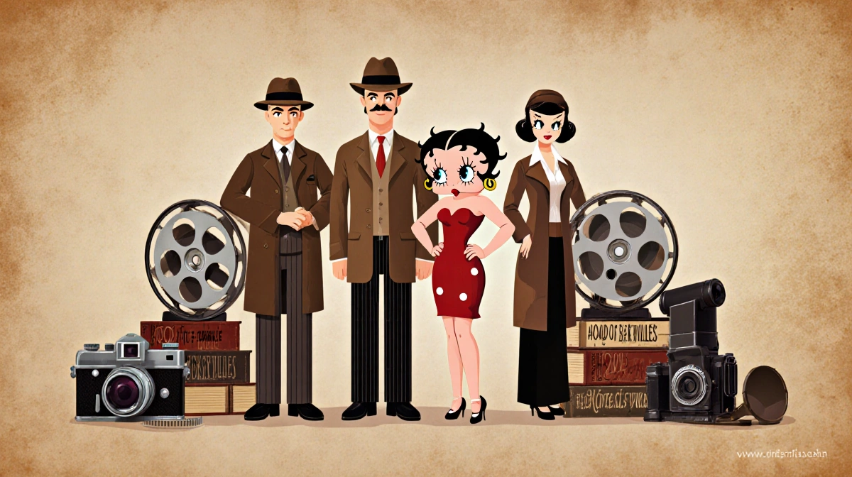 Betty Boop and Blondie pose beside three 1930s detectives with film reels and classic books
