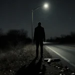 Lone figure standing at the edge of a dim road with a faint gun outline on the ground and a streetlight casting shadows.