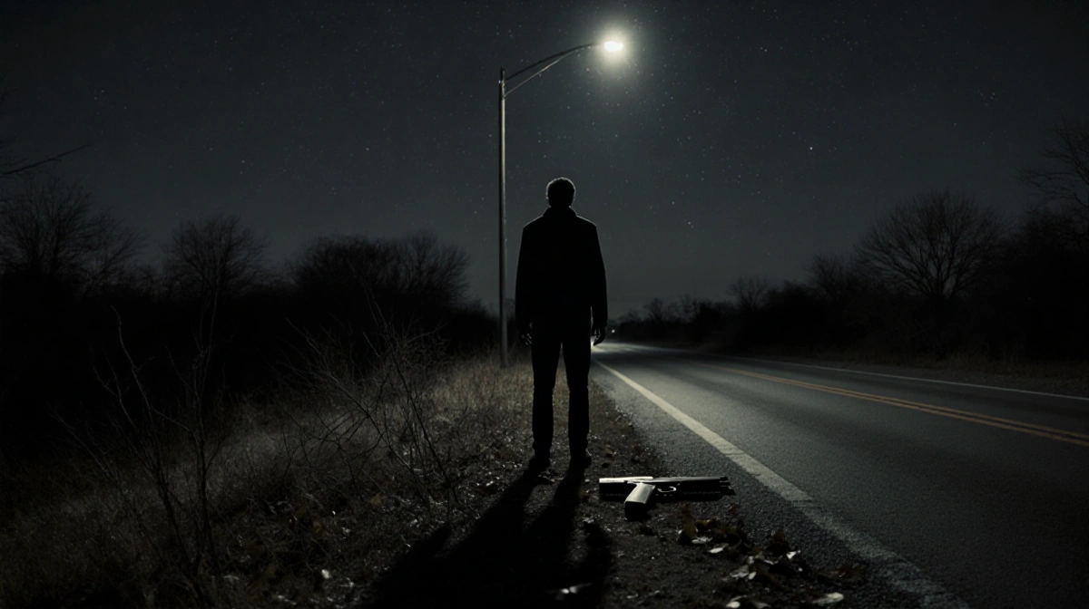 Lone figure standing at the edge of a dim road with a faint gun outline on the ground and a streetlight casting shadows.