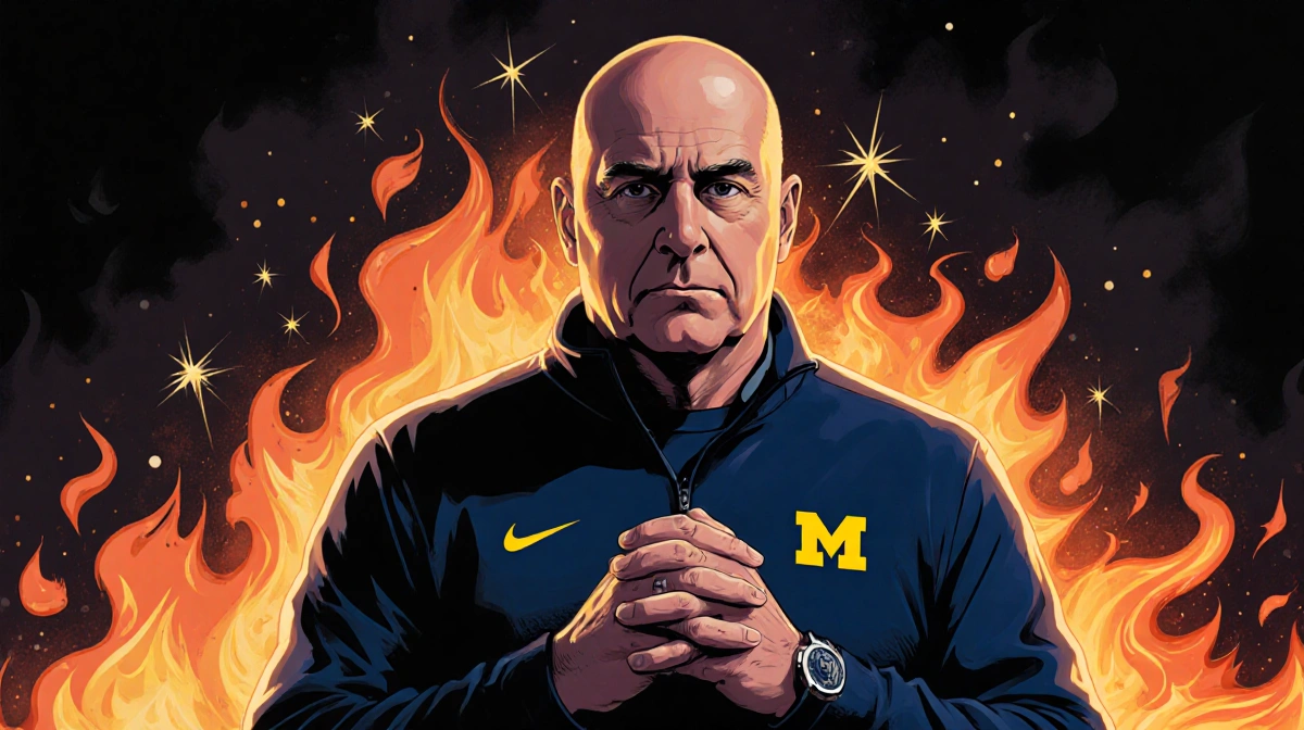 Michigan interim coach Biff Poggi stands composed with clasped hands amid dim flames and sparks.