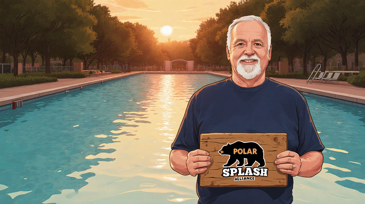 Bill Bunch standing at sunset in front of Barton Springs Pool holding a wooden Polar Bear Splash sign with rippling water.