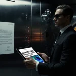 A lone agent stands before a futuristic bank vault with Bitcoin logo and cryptic letter while holding a tablet showing alien