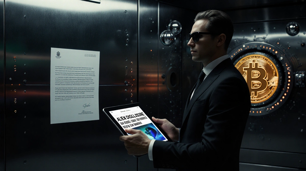 A lone agent stands before a futuristic bank vault with Bitcoin logo and cryptic letter while holding a tablet showing alien