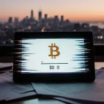 Bitcoin wallet screen shows zero balance with glitch effect and faint city skyline behind financial papers