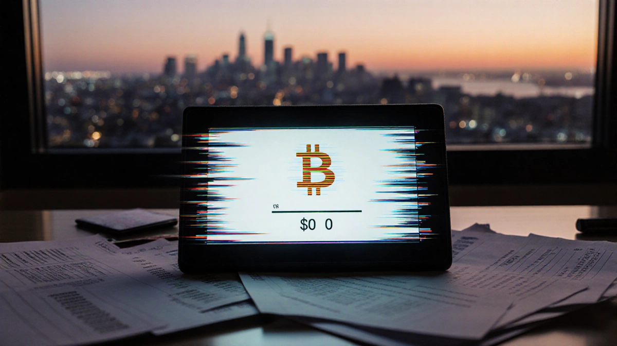 Bitcoin wallet screen shows zero balance with glitch effect and faint city skyline behind financial papers