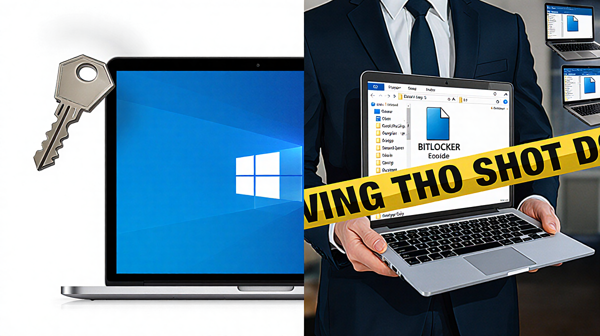 FBI agent holding seized laptop with encrypted data with police tape and USB key transfer.