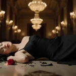 Young woman lying on her side with a shattered champagne flute and rose petal near her in a dim hotel lobby