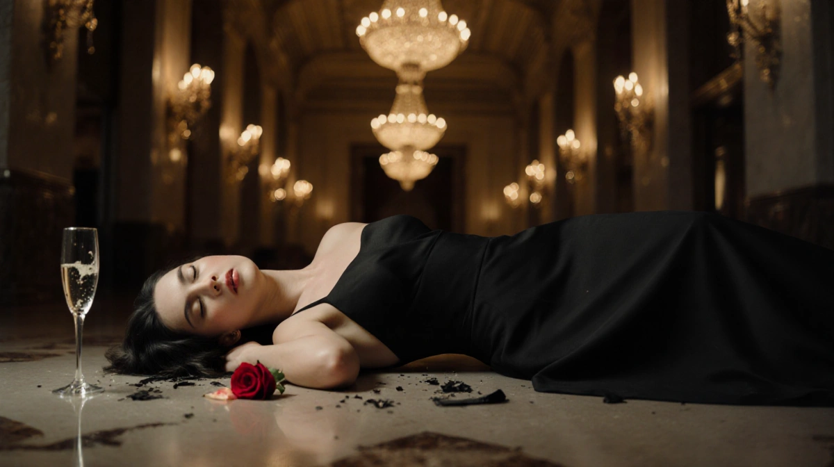 Young woman lying on her side with a shattered champagne flute and rose petal near her in a dim hotel lobby