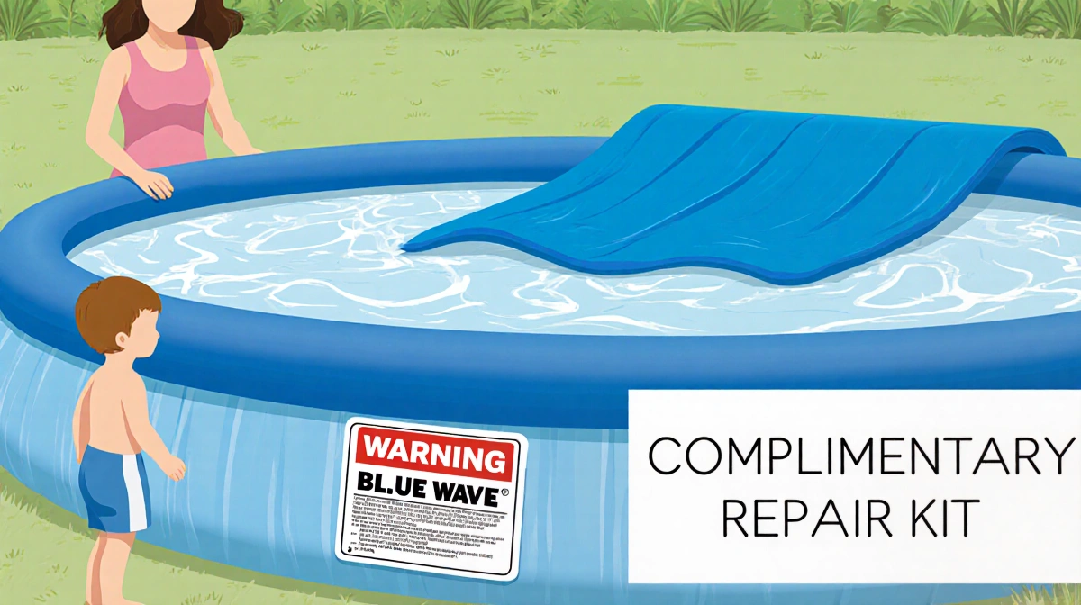 Child keeps safe distance from Blue Wave pool with blue tarp while adult supervises and Complimentary Repair Kit signage.