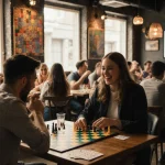 Two people rolling dice at a table with natural light and friends cheering in a board‑game cafe.