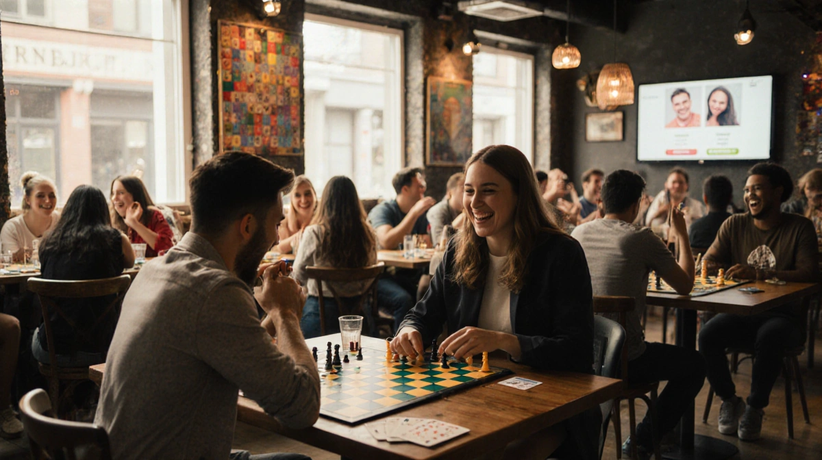Two people rolling dice at a table with natural light and friends cheering in a board‑game cafe.