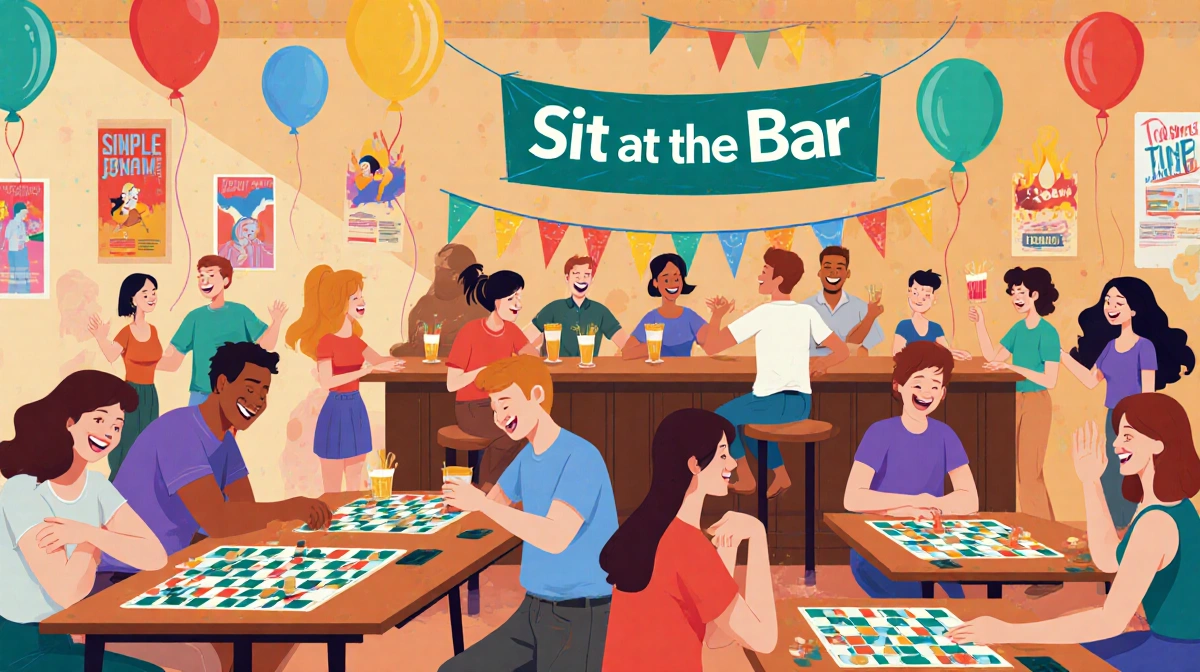 Friends laughing while playing board games with colorful posters and balloons in a lively event space