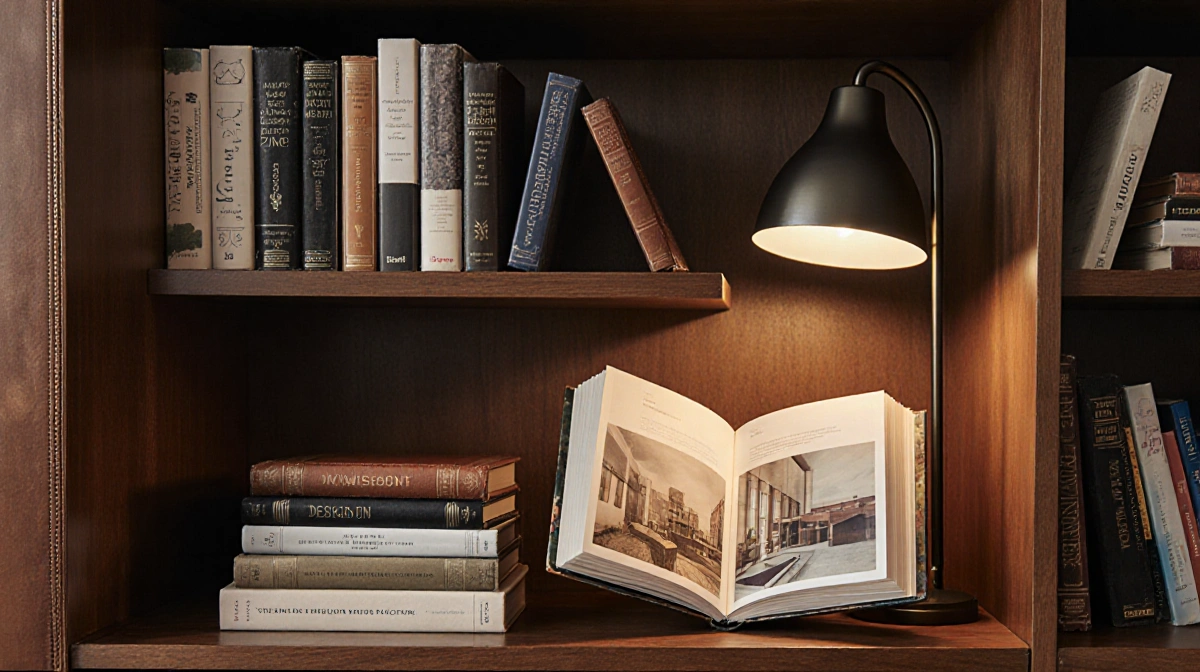 Bookshelf arranging coffee table books with warm leather covers and open pages showing design inspiration