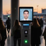 Travelers gather around a sleek kiosk with biometric scanning screen and terminal backdrop