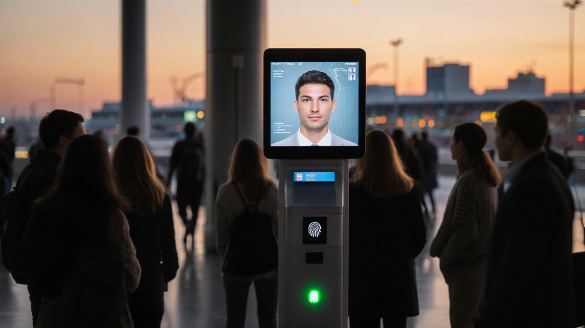 Travelers gather around a sleek kiosk with biometric scanning screen and terminal backdrop