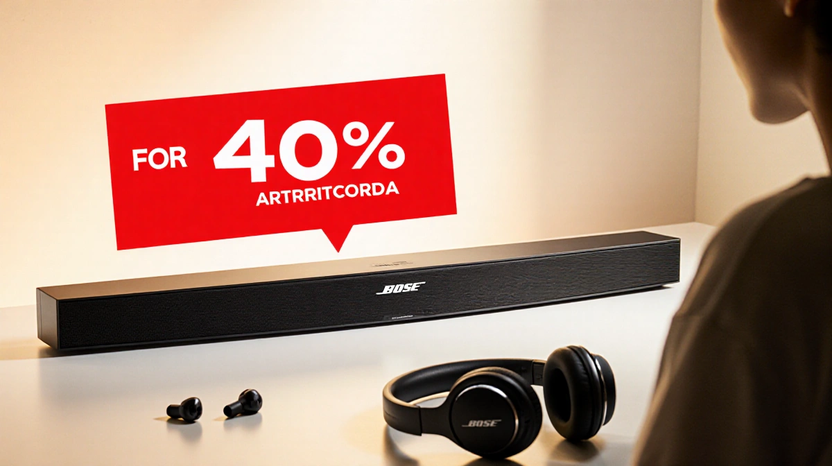 Bose soundbar glowing under golden light with red 40% discount sticker and headphones nearby