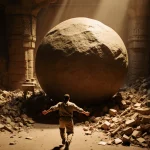 Disney employee rushing to grab a massive boulder with golden lighting and Indiana Jones set