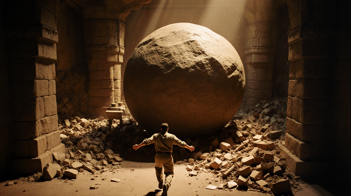 Disney employee rushing to grab a massive boulder with golden lighting and Indiana Jones set
