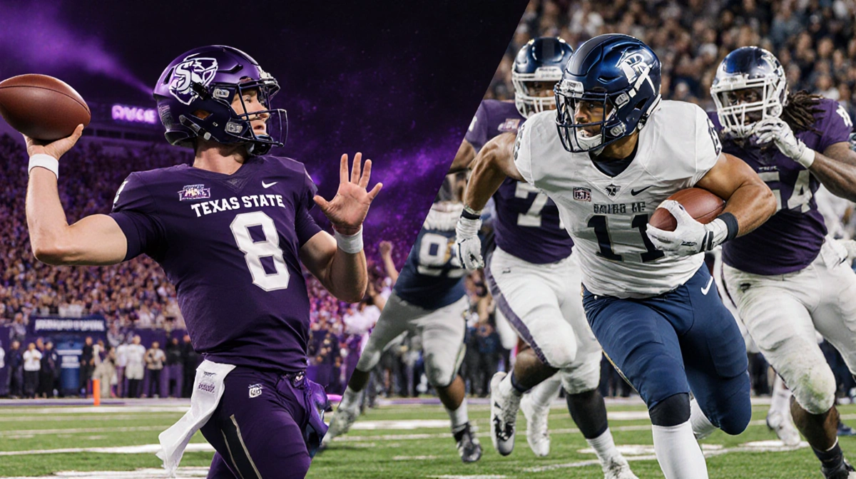 Brad Jackson throwing a touchdown pass with Lincoln Pare running on the other side and Texas State vs Rice Armed Forces Bowl