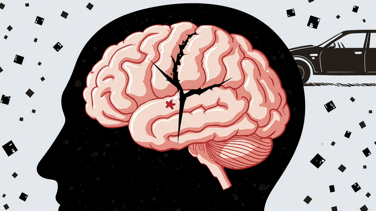 Brain illustration showing cracked right frontal lobe with scattered thoughts near scar and faint car accident silhouette.