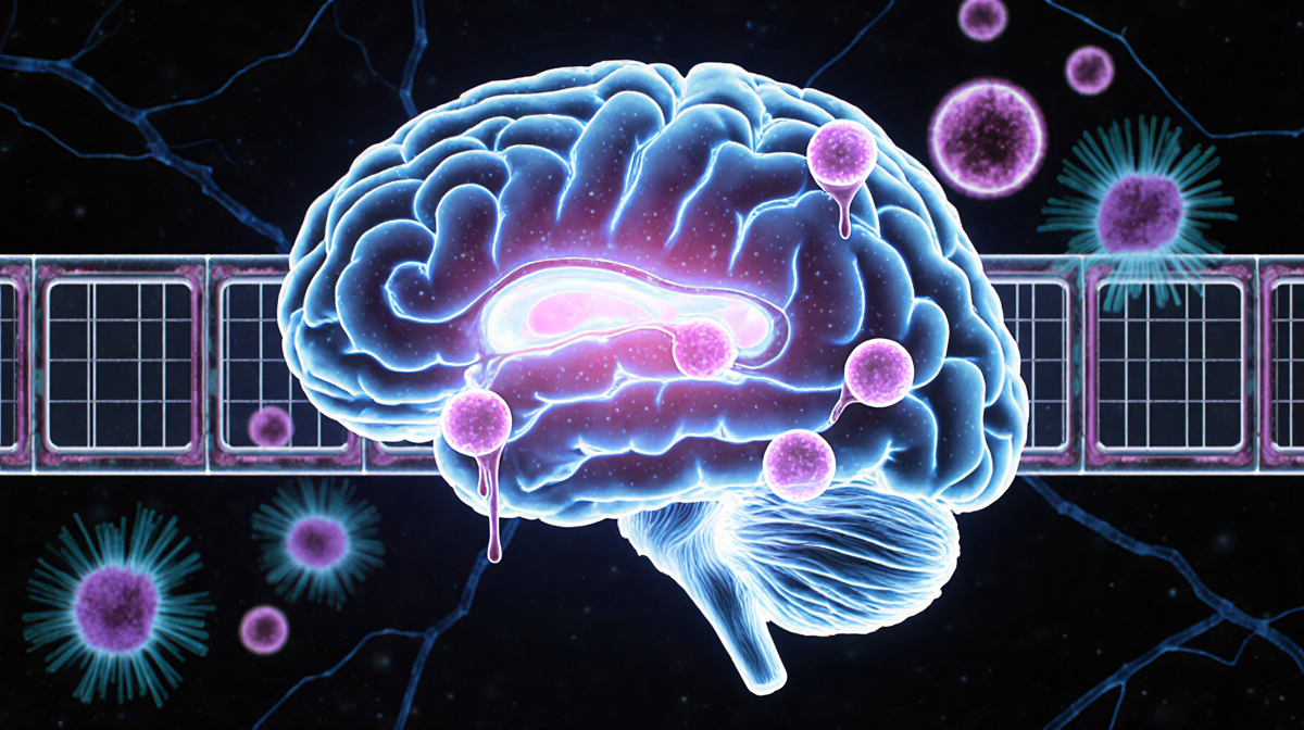 Cystatin-C molecules leak into brain tissue with glowing orbs crossing blue and purple neural networks and grid pattern
