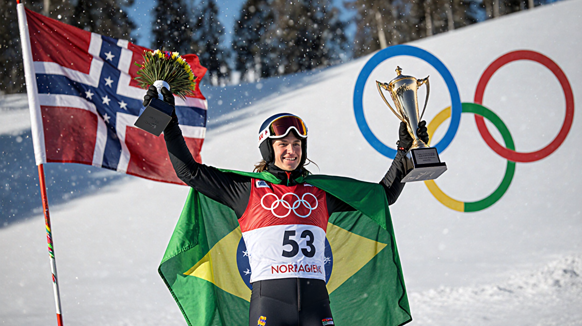 Brazilian skier triumphs on podium holding World Cup slalom trophy with Brazilian flag shoulder and Norwegian flag behind.