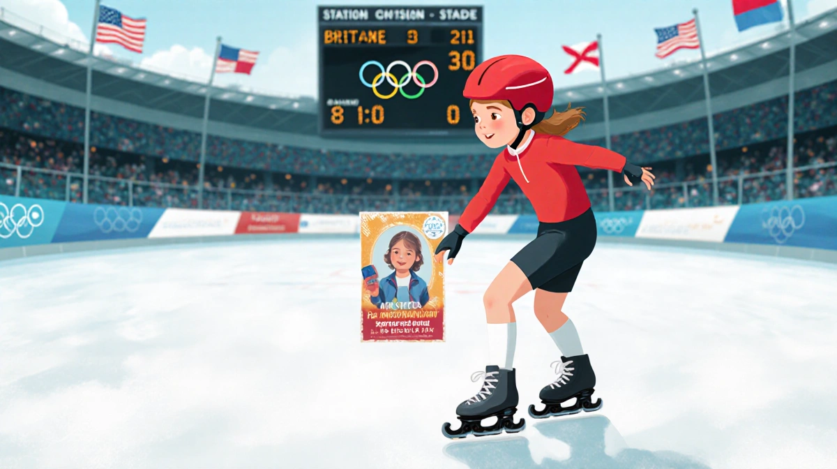 Young Brittany Bowe holding an inline skate with Olympic speed skating rink and child-care center poster behind her.