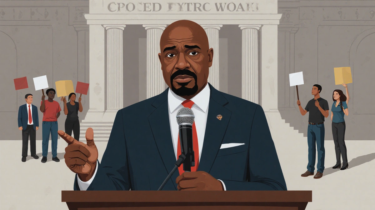 T.C. Broadnax speaking at a podium with a microphone near a city hall backdrop and blurred community protest in background.