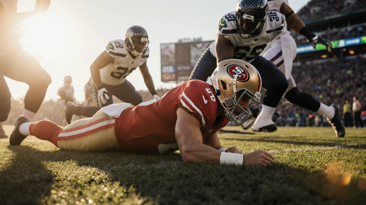 Brock Purdy lying on field with arm outstretched face in shadow with injury and shock with blurred Seahawks defenders behind