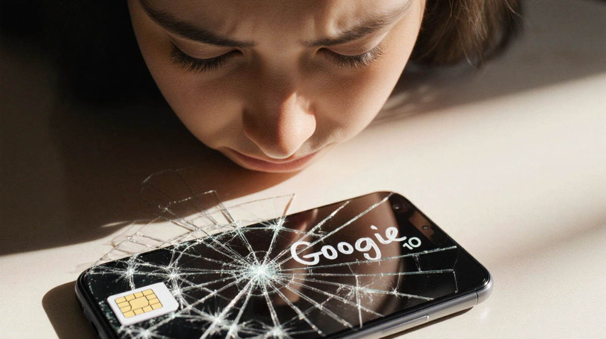 Frustrated person staring at shattered phone screen with number fragments and a blurred Google Pixel 10 on a table.