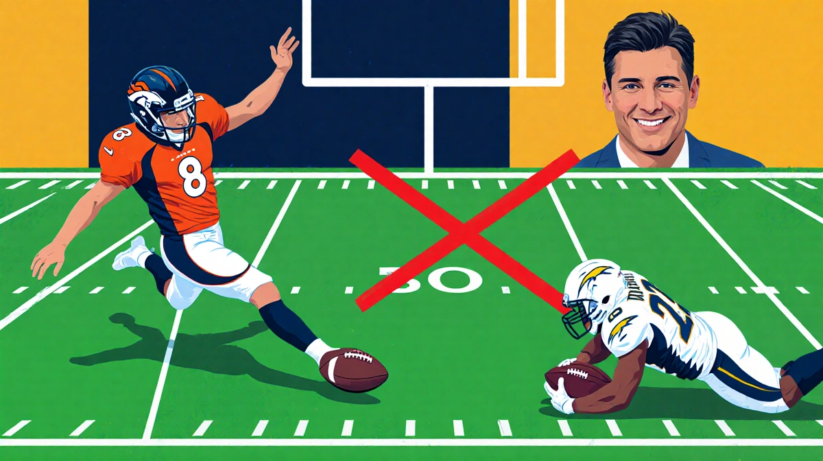 Wil Lutz kicking a field goal with ball sailing through uprights on football field with X Broncos defense McMillian relieved